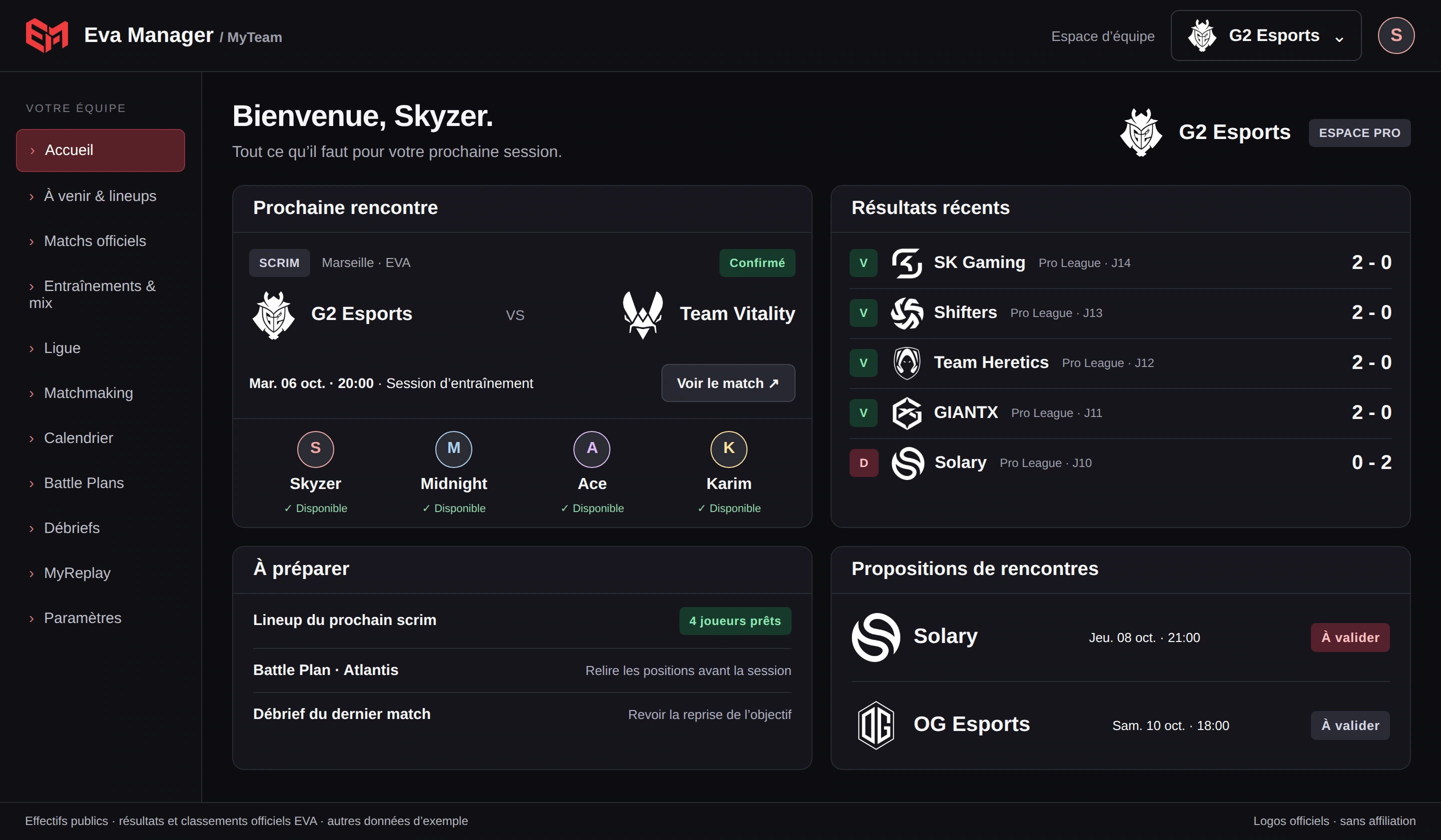Dashboard MyTeam reconstitué : rencontres, planning et disponibilités d’exemple.