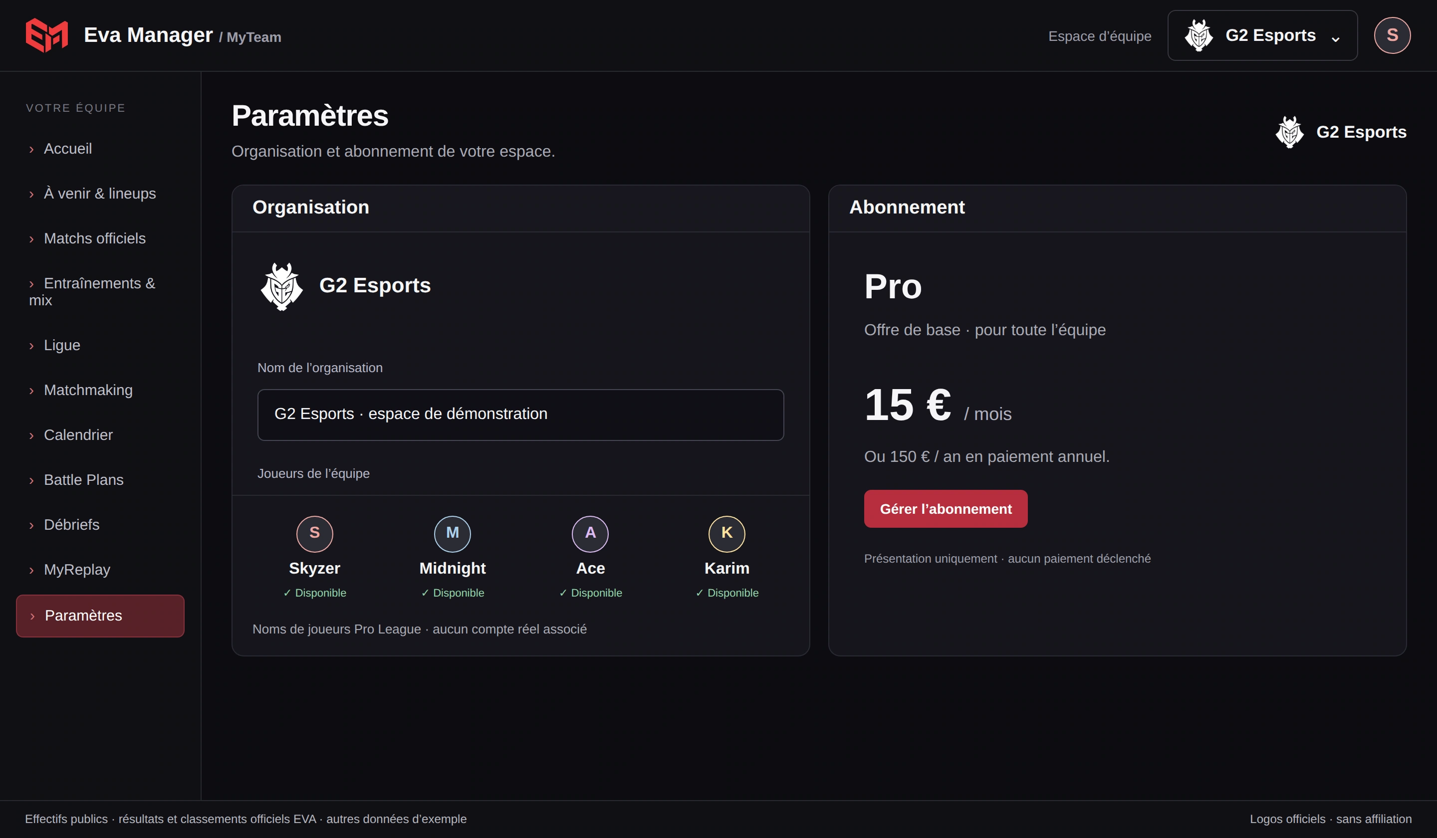 Paramètres — Vue de démonstration · organisation d’exemple, tarifs inchangés, aucun compte réel.