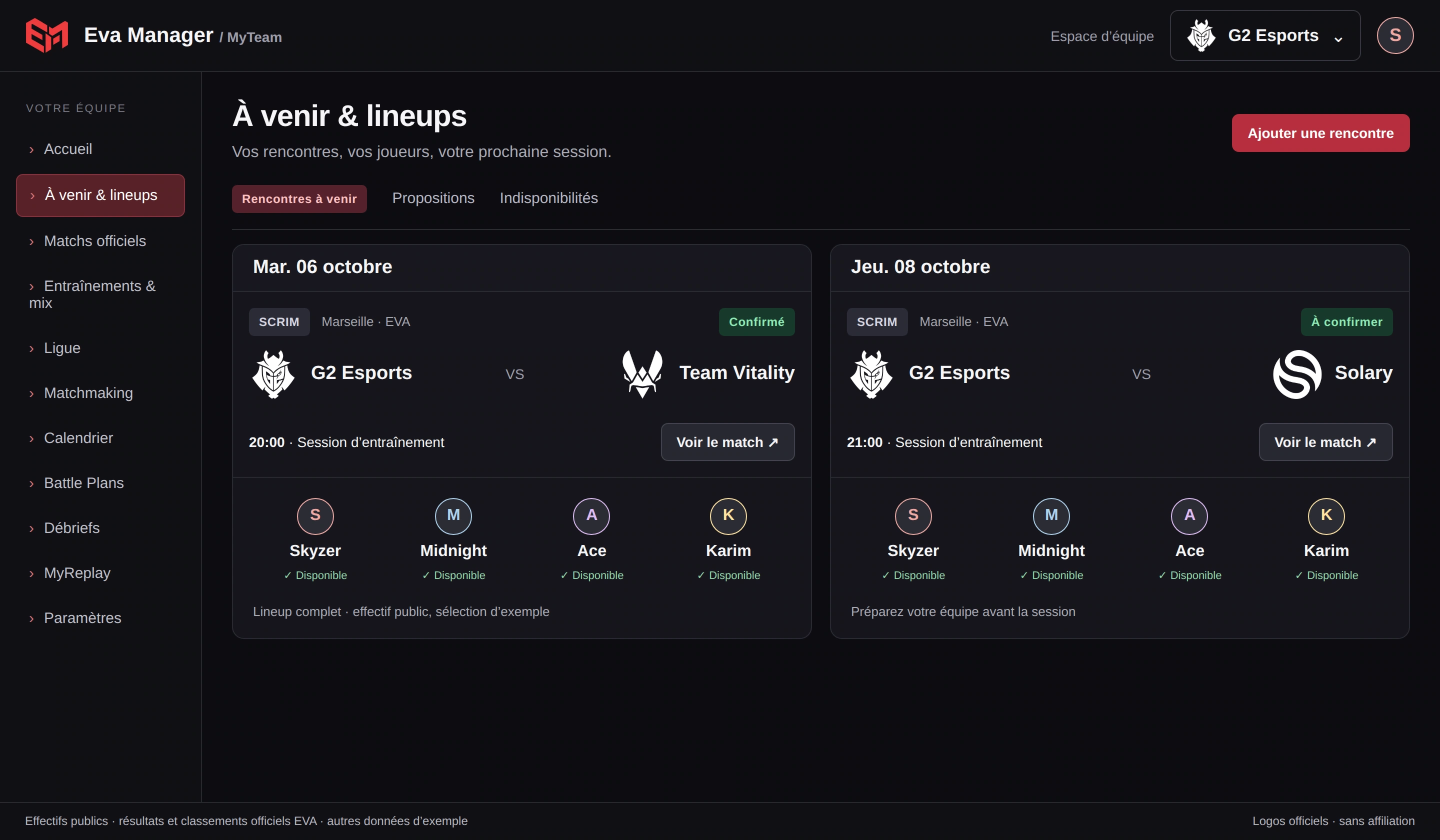 À venir & lineups — Effectifs publics EVA Pro League · sélection et créneaux d’exemple.